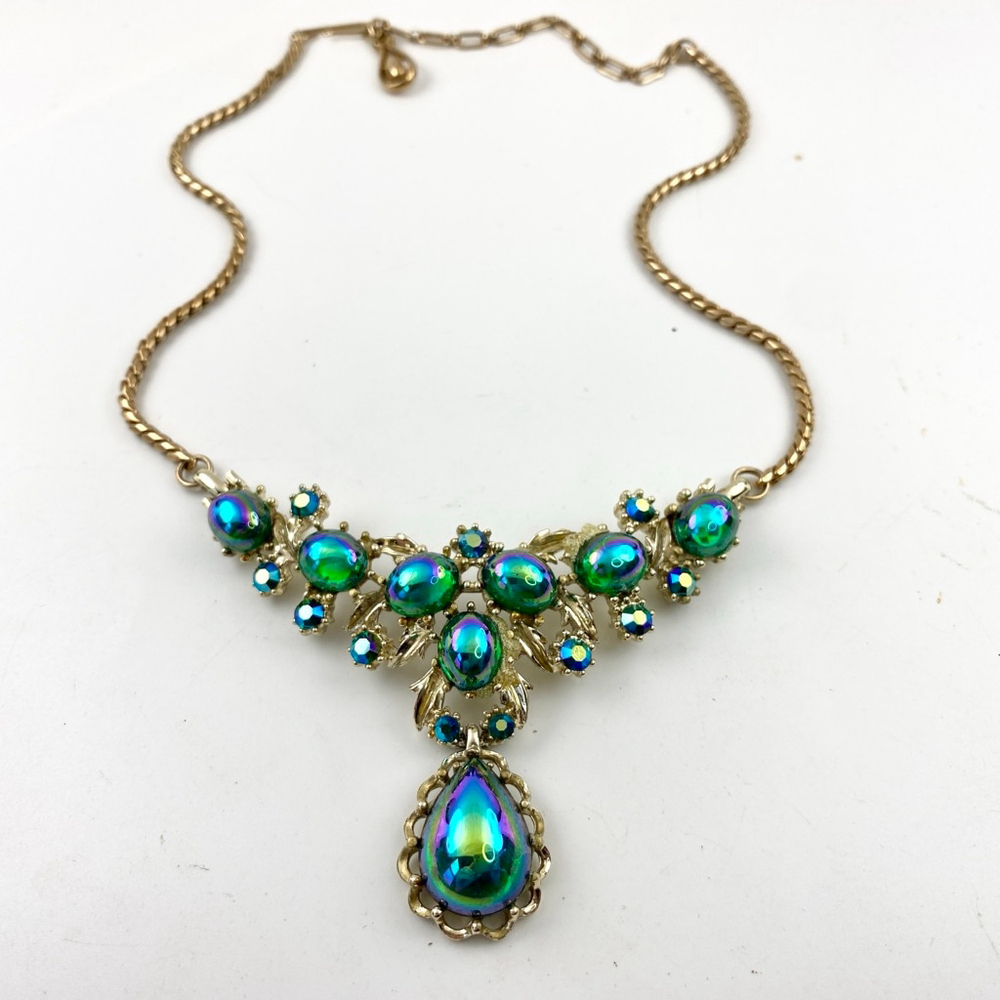 Vintage Coro Peacock Green Polychrome Cabochon Necklace Rhinestone Statement. - Picture 6 of 8